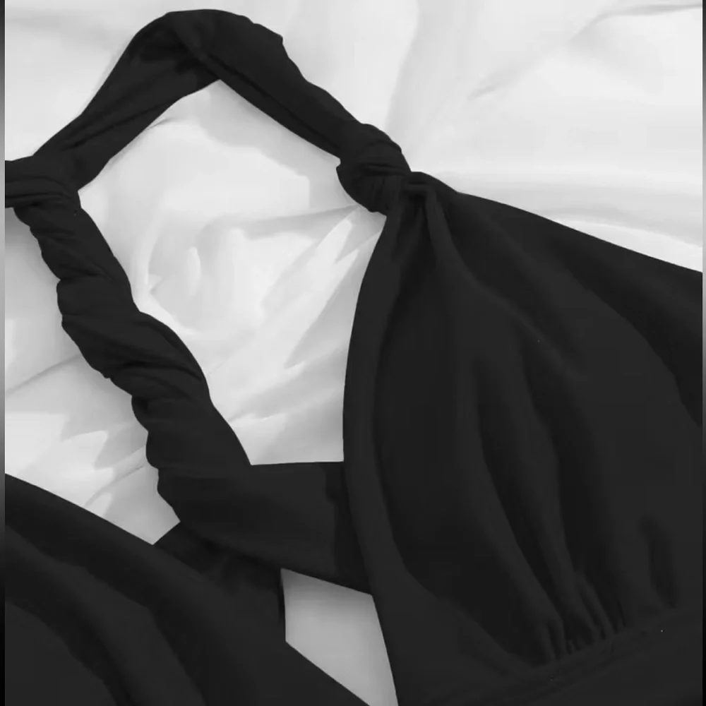 Boho black knotted V neck swimsuit